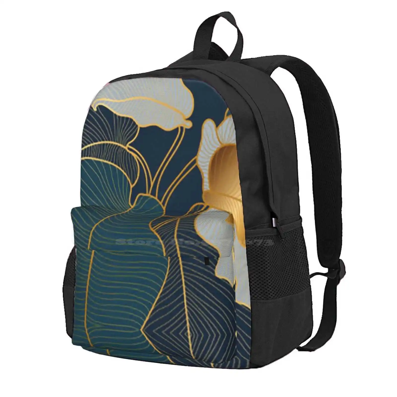 Art Deco Leaves Hot Sale Schoolbag Backpack Fashion Bags Abstract Blue Botanical Classic Elegant Exotic Floral Green Leaf