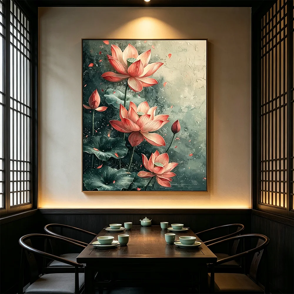 Lotus Flower Poster, Lotus Leaf Pond Wall Art Print, Landscape Canvas Painting Decor, Pink Floral Prints Picture Home Artwork