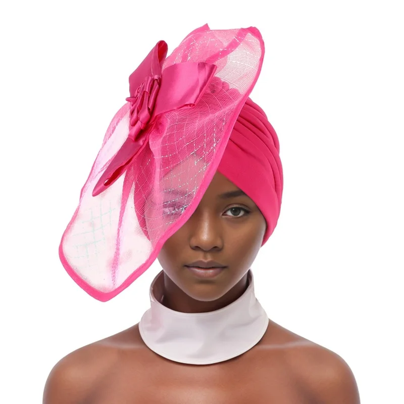 Novidade Fascinador Big Flower Turbante Chapéus para Mulheres, Ocasião Igreja Capacete, Elástico Islâmico Headwear, Festa de Casamento, Pillbox Hat