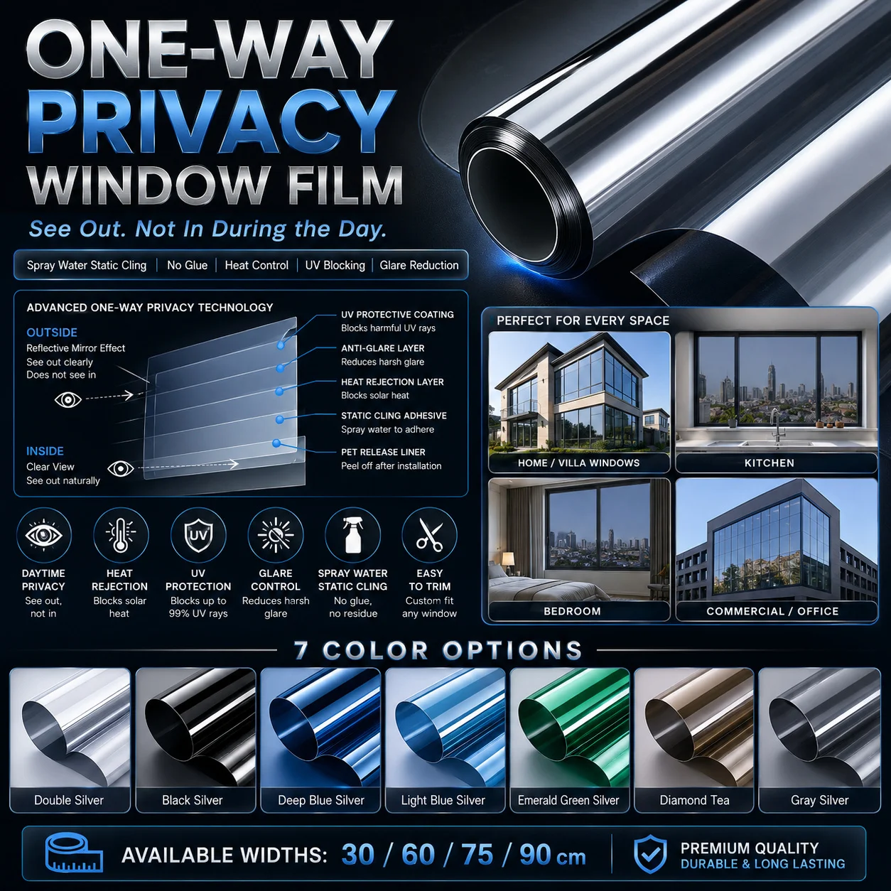 Black Silver One Way Mirror Privacy Window Film 99% Heat Block Anti Glare Static Cling Removable for Office Partition Home Glass