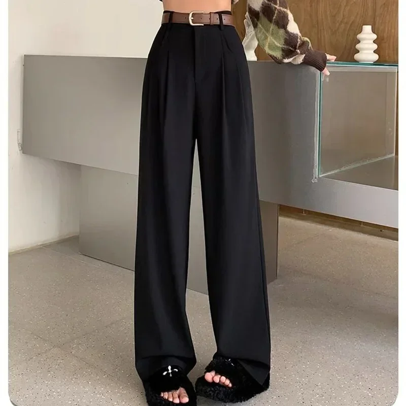 Women Fashion Suit Pants Lady Comfortable Baggy High Waist Wide Leg Linen Trousers Female Straight Leg Slacks Gray Classic Pants