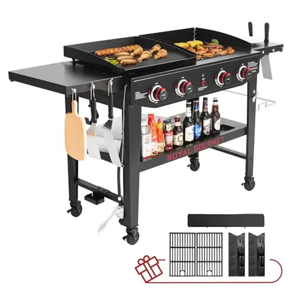 

Gas Grill and Griddle Combo 4-Burner Extra Bonus Grilling Gear Set Dual Cooking Surfaces