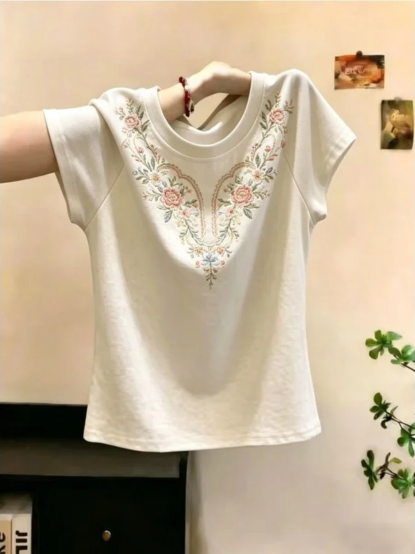 

Unique Floral Embroidery Short Sleeve T-Shirt Women's Versatile Design Summer Cotton Blend round Neck Casual Fashion Top