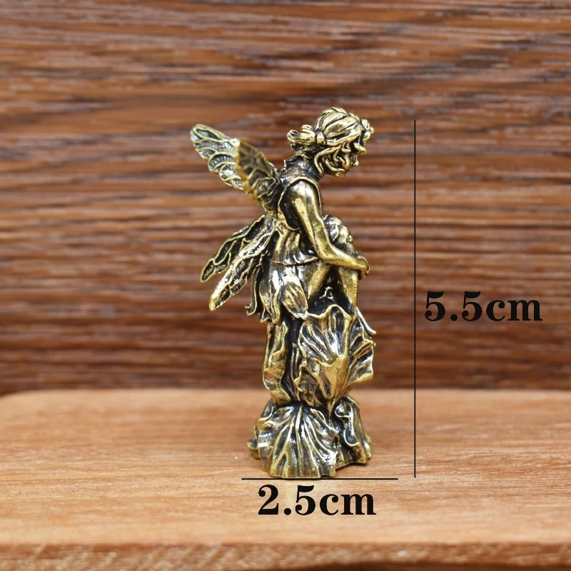 1 PC Sitting Angel Brass Statue Handcrafted Tea Companion Piece Distressed Finish Desk Figurine Art Vintage Style Ornament Decor