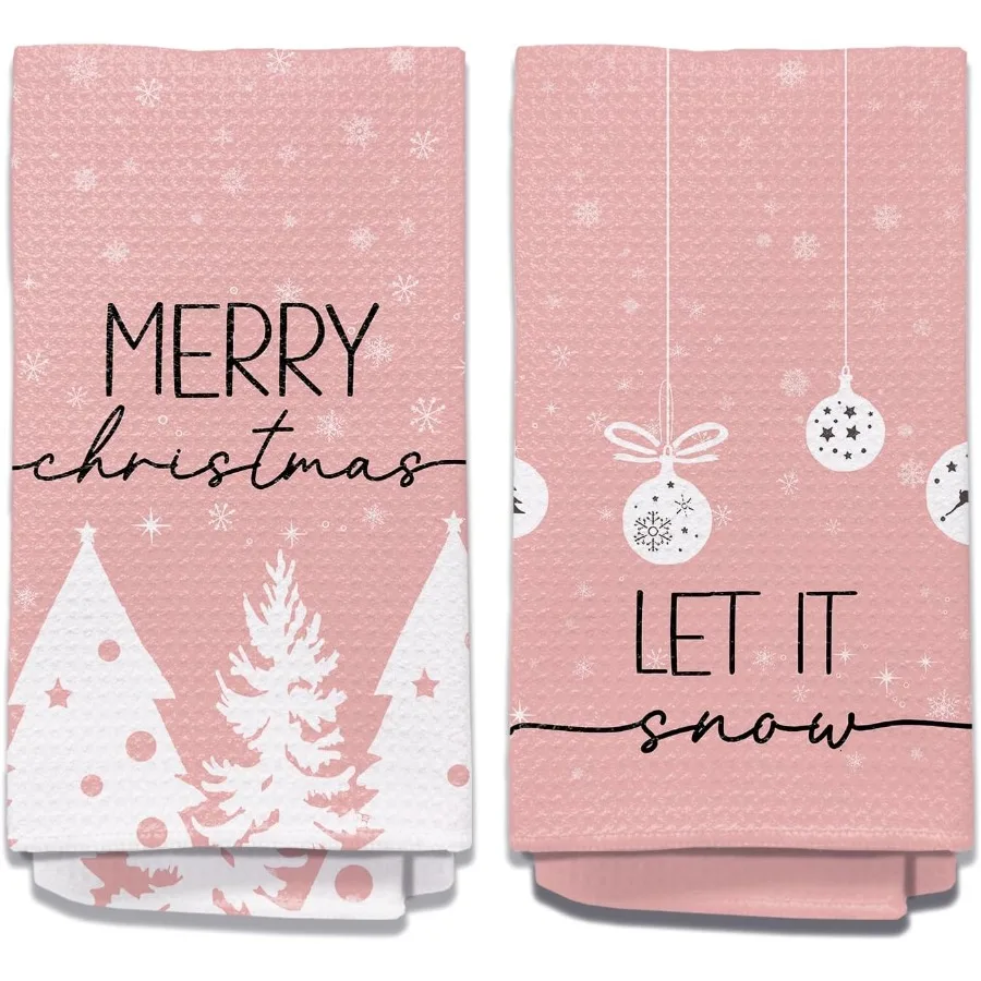 

Pink Christmas Bathroom Decor Kitchen Towels Set of 2 Let It Snow Pink Winter Pink Christmas Hand Towels for Bathroom Merry Chr
