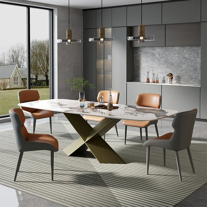 

Add rectangular rock slab dining table Italian light luxury high-sense brass household dining table large long table restaurant
