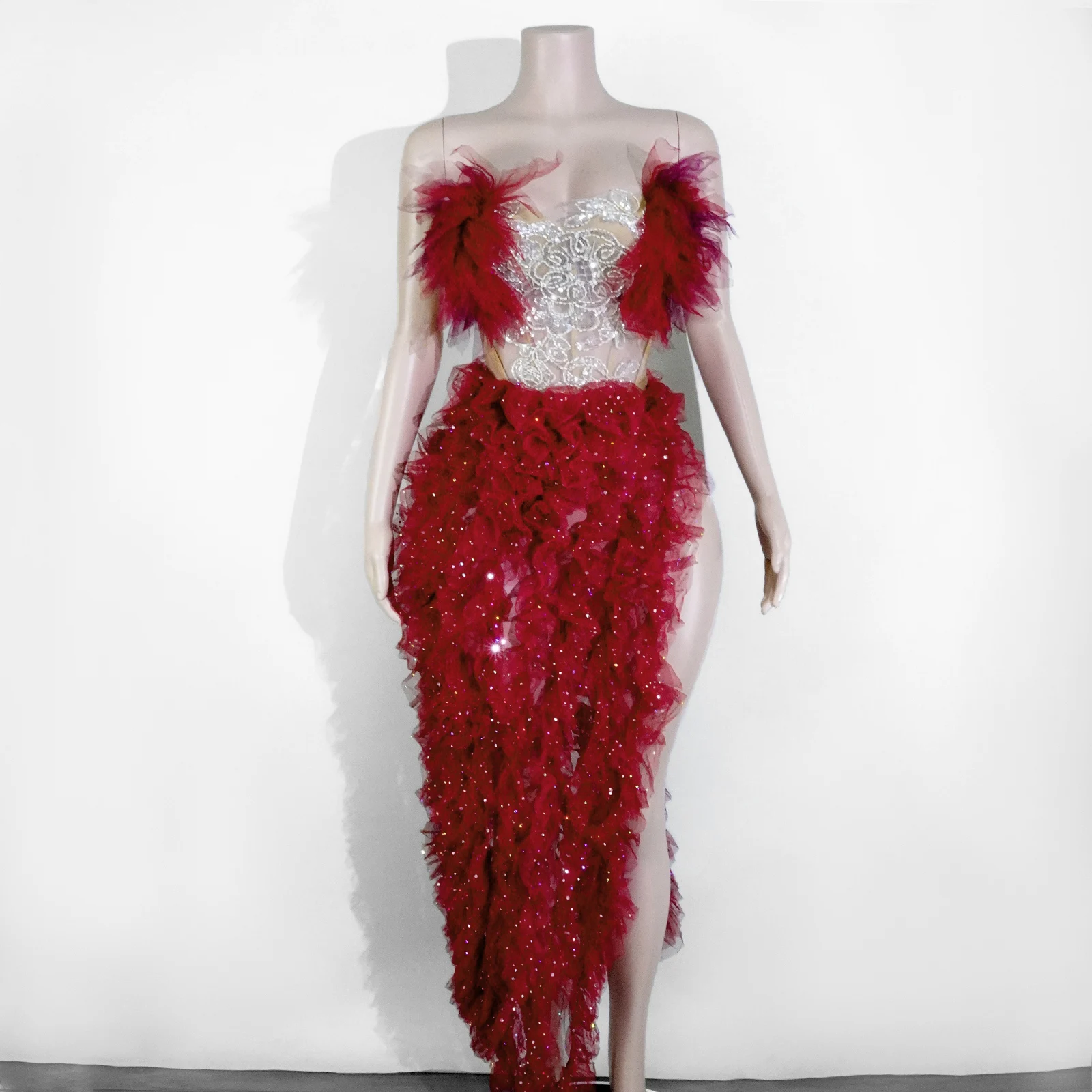 

Women Sexy Red 2Pcs top and skirt mesh lace sequin Long Dress Birthday Party Stage Dance Wedding Nightclub Drag Queen Outfit