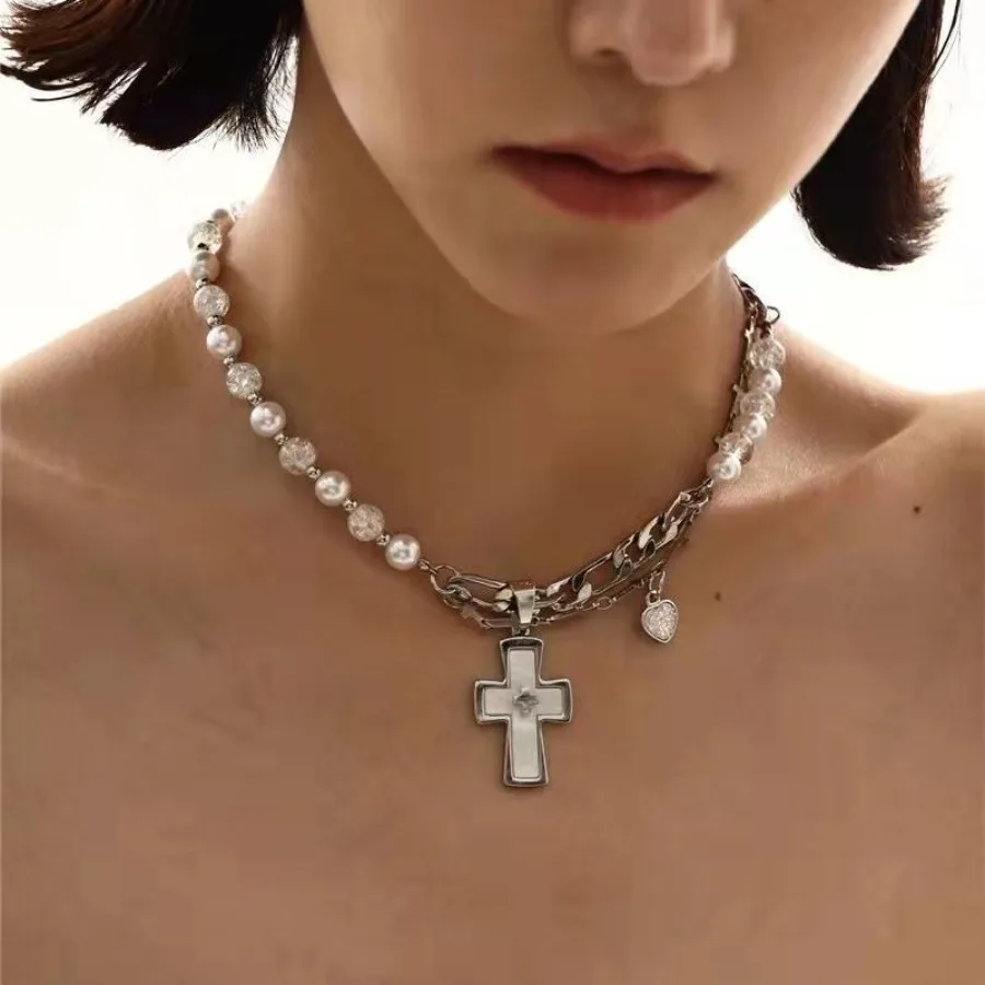 التيتانيوم الصلب الصليب الحب قلادة مع فو اللؤلؤ سلسلة قلادة هدايا عيد الميلاد سترة سلسلة للنساء الفتيات مع صندوق هدية #2