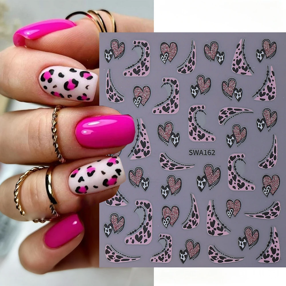 1 Uds. Pegatinas autoadhesivas 3D de leopardo, corazón, amor, Día de San Valentín, pegatinas para uñas de leopardo rojo, rosa y negro, deslizador de manicura