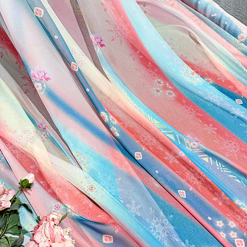 

1/2/3M Gradient Color Chiffon Fabric Drape Flower Printed Sheer Tulle Fabric DIY Ancient Style Hanfu Skirts Dress Stage Costume