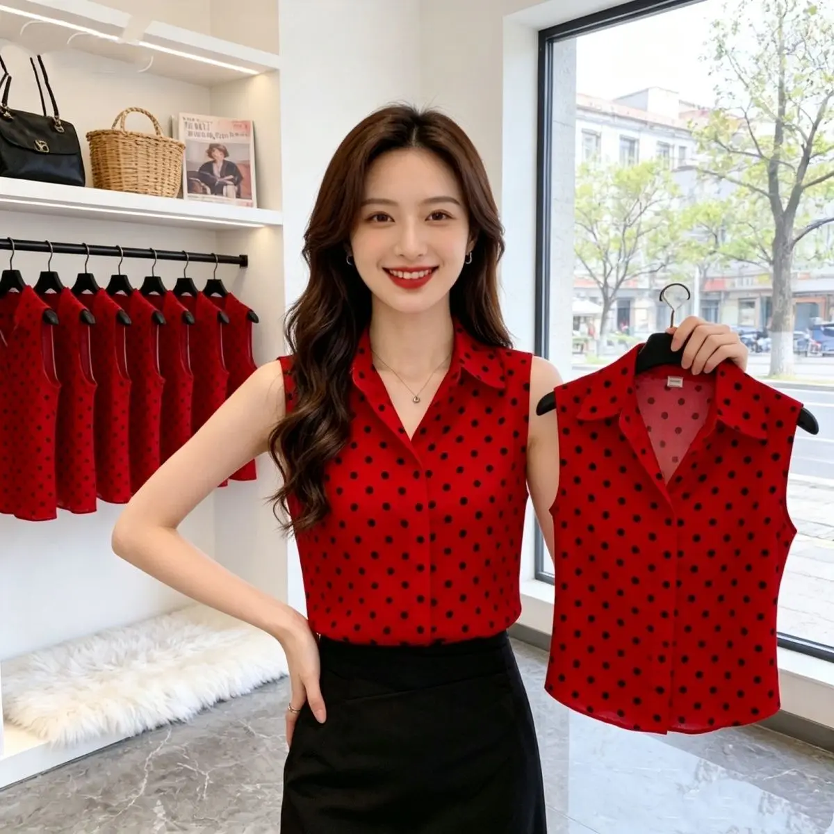 

Summer Red Polka Dot Women's Sleeveless Shirt Vest Black White Fashionable Base Layer Top Collar Slim Fit Easy Care Fabric
