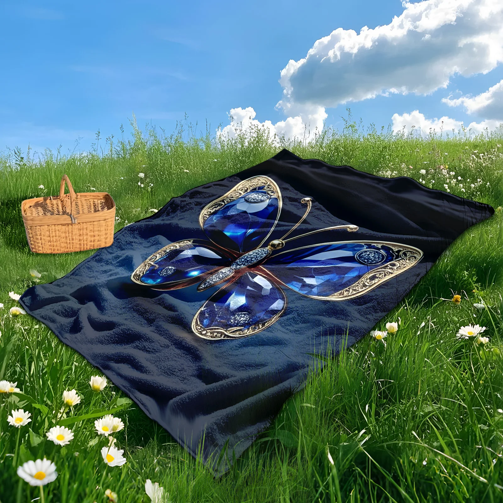 Vlinderblauwe edelsteen geïnspireerde buitendeken voor creatieve ontspanning en gezellig comfort in de natuur