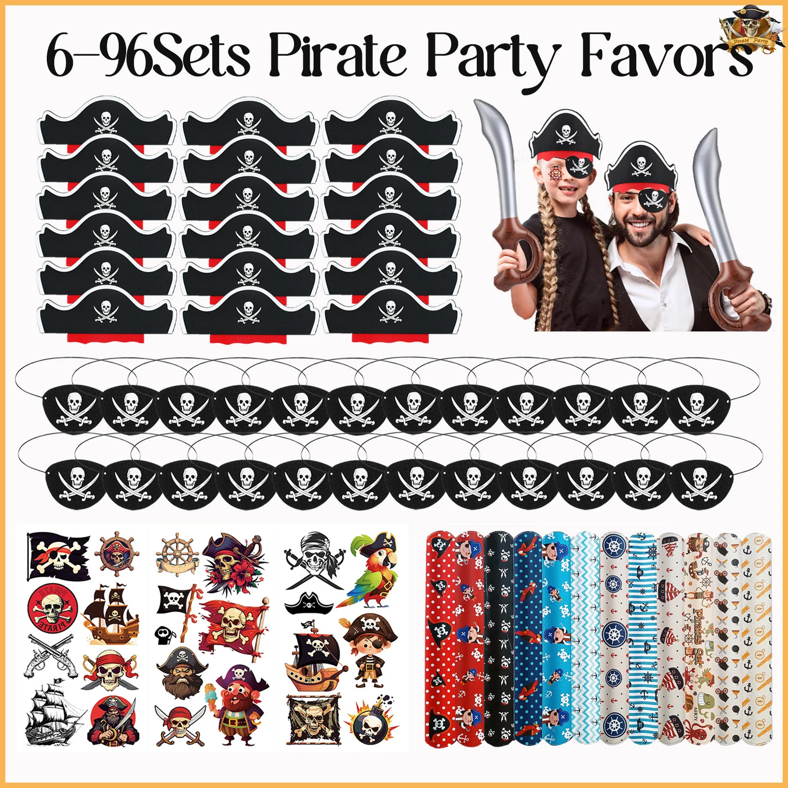 6-96Set Pirate fête d'anniversaire pour enfants chapeau de Pirate Pirate crâne yeux patchs Pirate tatouage autocollants décor Halloween Cosplay accessoires