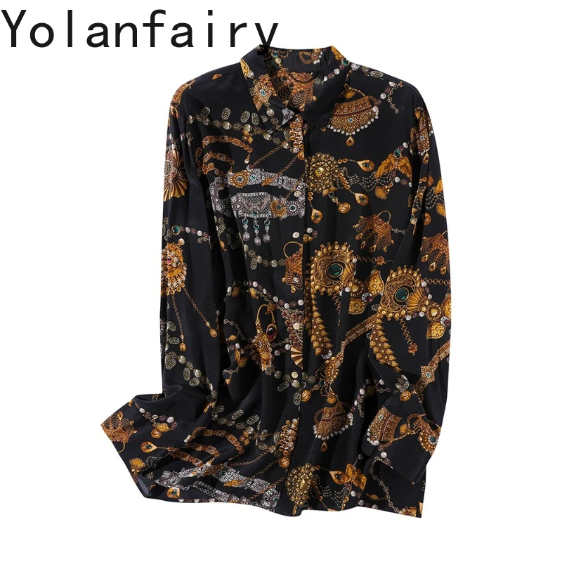 

YOLANFAIRY 100% Natural Mulberry Silk Shirt Woman Autumn Loose Vintage Button Up Shirts Floral Long Sleeve Shirts Female Tops