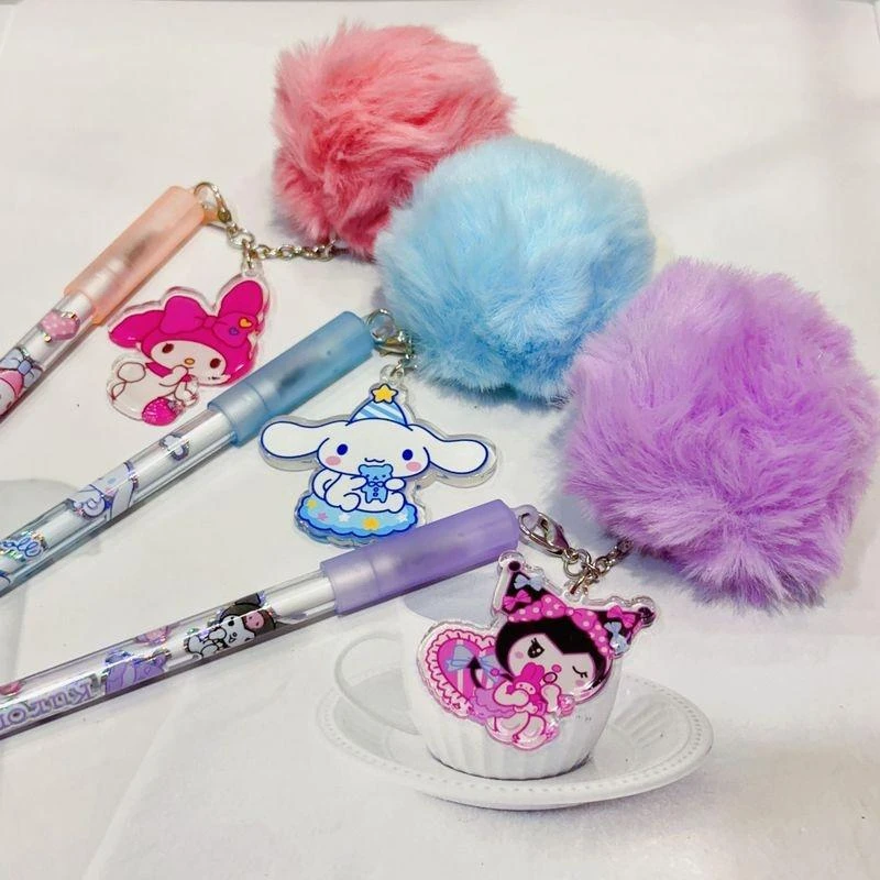 Imagem -05 - Sanrio-kuromi Melody Cartoon Plush Pingente Caneta Gel Estudantes Papelaria Bonito Escola Signature Pen Atacado 12 24 Pcs