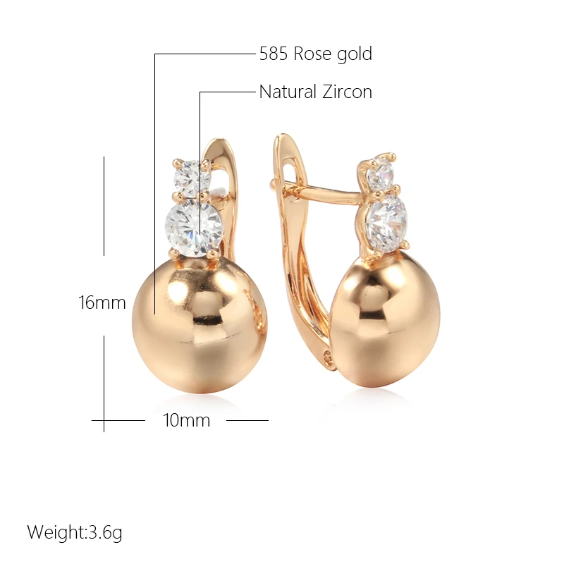 Kinel Simple Glossy Hemisphere Earrings for Women 585 Rose Gold Color Natural Zircon Accessories Fashion Wedding Fine Jewelry