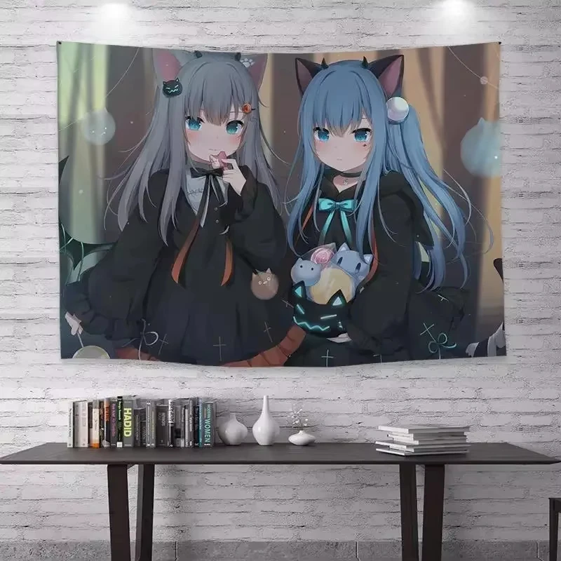 1pc Cute Blue Nekomusume Tapestry Wall Hanging Decor for Bedroom Dorm Party Room Stuff Aesthetic Wall Art Great Gift For Friend