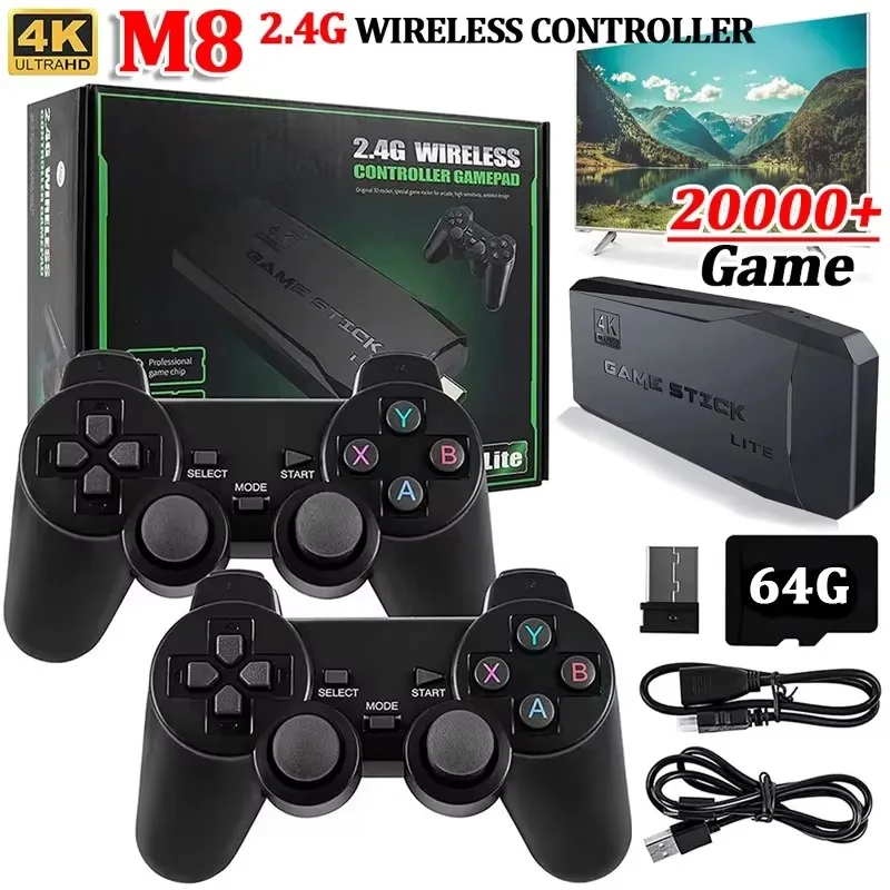 M8 Game Console Built-in 20000 + 64GB Two-person Wireless Controller 2.4G Stick 4K HD PS1 GBA Video Children's Christmas Gift