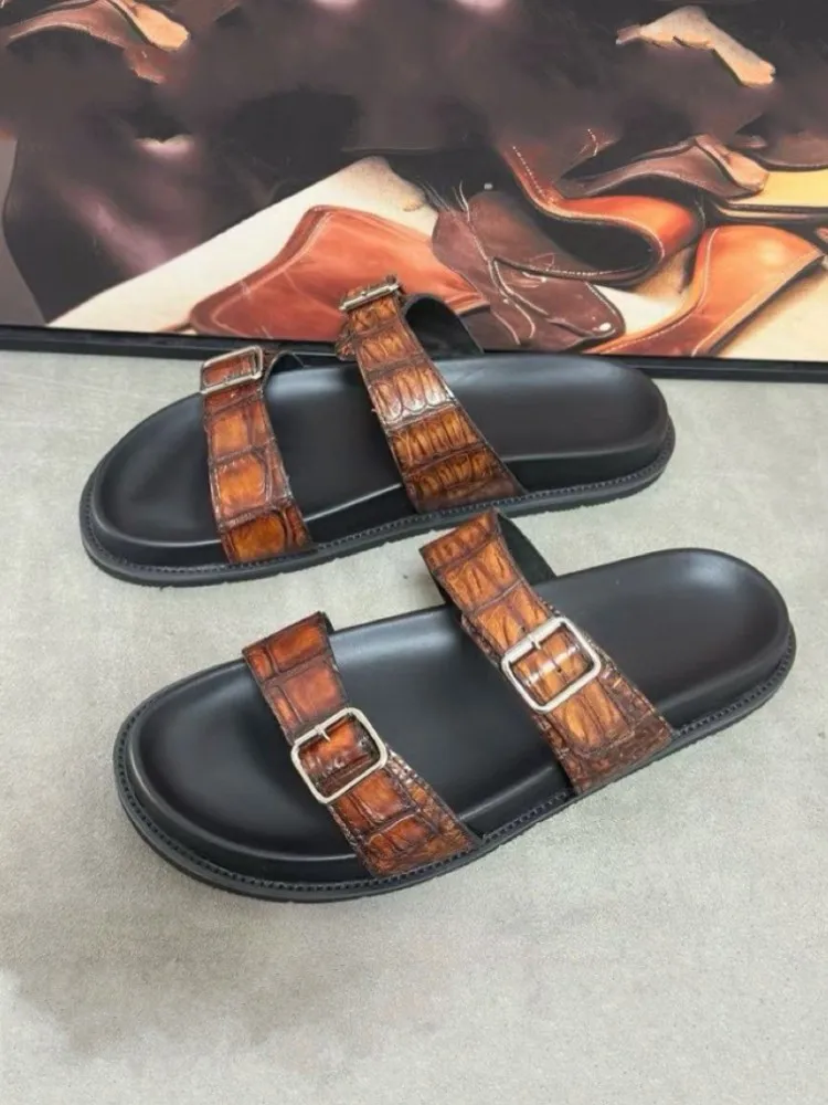 Summer Men Crocodile Leather Slippers Open Toe Buckle Casual Shoes Outside Genuine Leather Male Breathable Platform Beach Slides