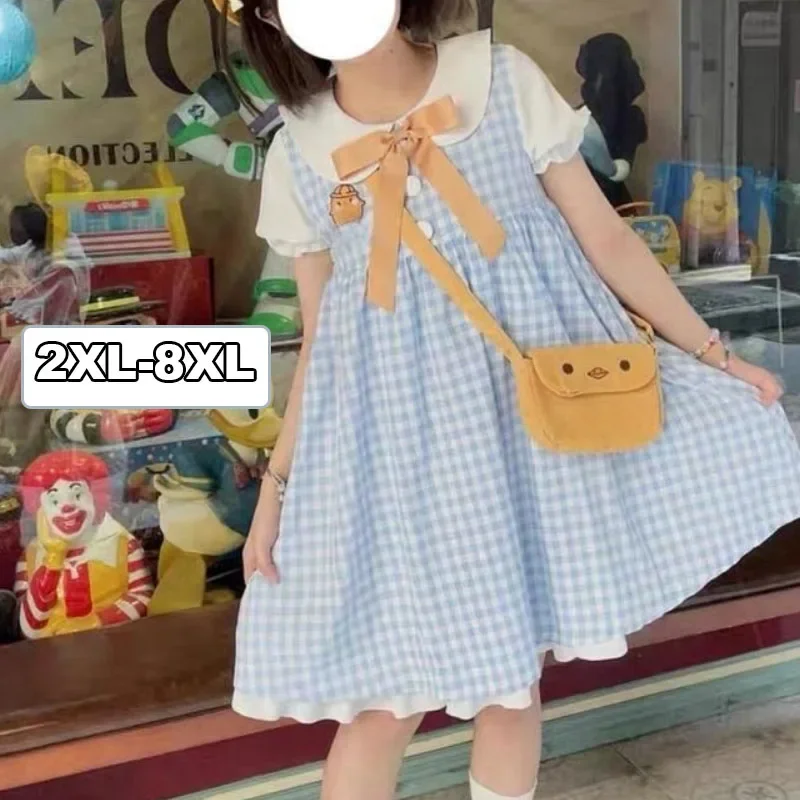 Japan Sweet Lolita Kawaii Mini Dresses Sissy Cross-dressing Fake Two Piece Puff Sleeve Doll Collar Bow Dress ABDL  A-line Dress