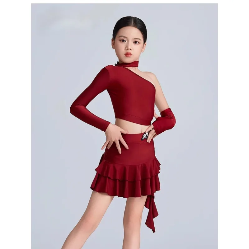 Girls Latin Dance Clothes Red Brown Suit Cha Cha Rumba Samba Training Tops Skirt Practice Clothing Kids Dance Dress