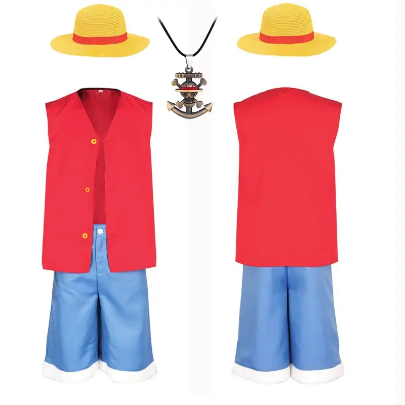 

Kids Adult Luffy Cosplay Costume Boys Luffy Hat Shirt Shorts Halloween Outfits