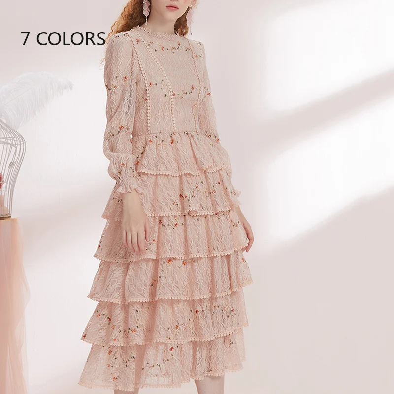 

Women's Long Sleeve Embroidered Lace Dress, O-Neck, A-line, Tiered Midi Dress, Elegant Lady, Party, New