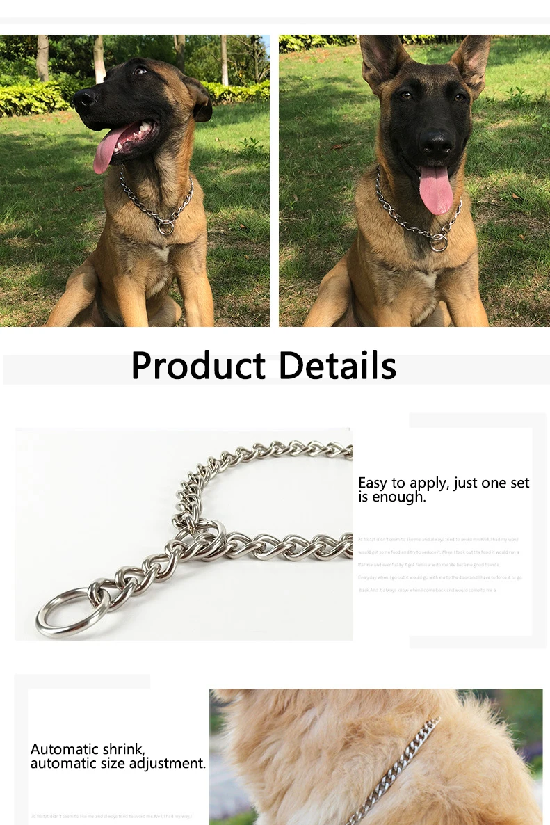 Metal Stainless Chain Dog Pinch Collar Silver Cuban Link Dog Slip Chain Choke Collar Steel Strong Slip Dog Collars for Pet