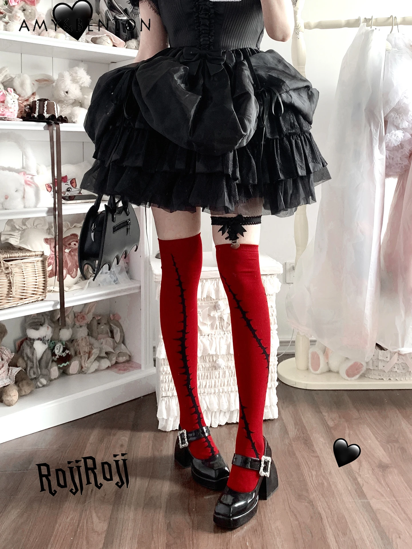 Dark Girl Punk Style Red Knee High Socks Lolita Sexy Stockings Subculture Gothic Print Thigh High Socks Cotton Compression Socks
