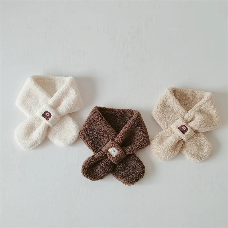 Cute Bear Plush Scarf Cartoon Lamb Fleece Baby Neckerchief Thicken Warm Kids Cross Scarves 2-5Year Boys Girls Winter Neck Collar