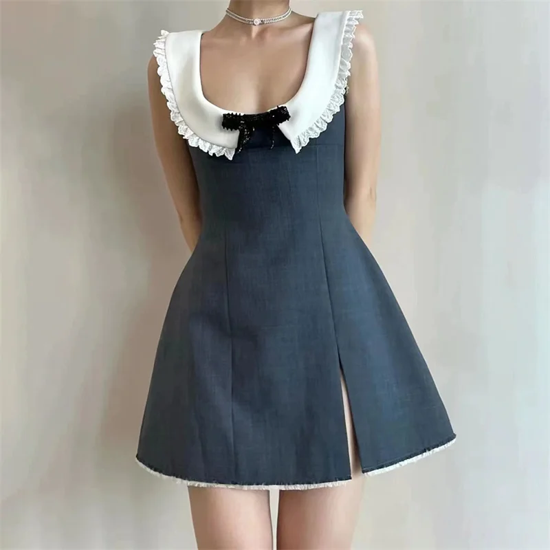 

Elegant dresses for women 2024 Summer New in Korean Fashion Splice Sleeveless Mini Dress wool blend bow decoration Short dresses