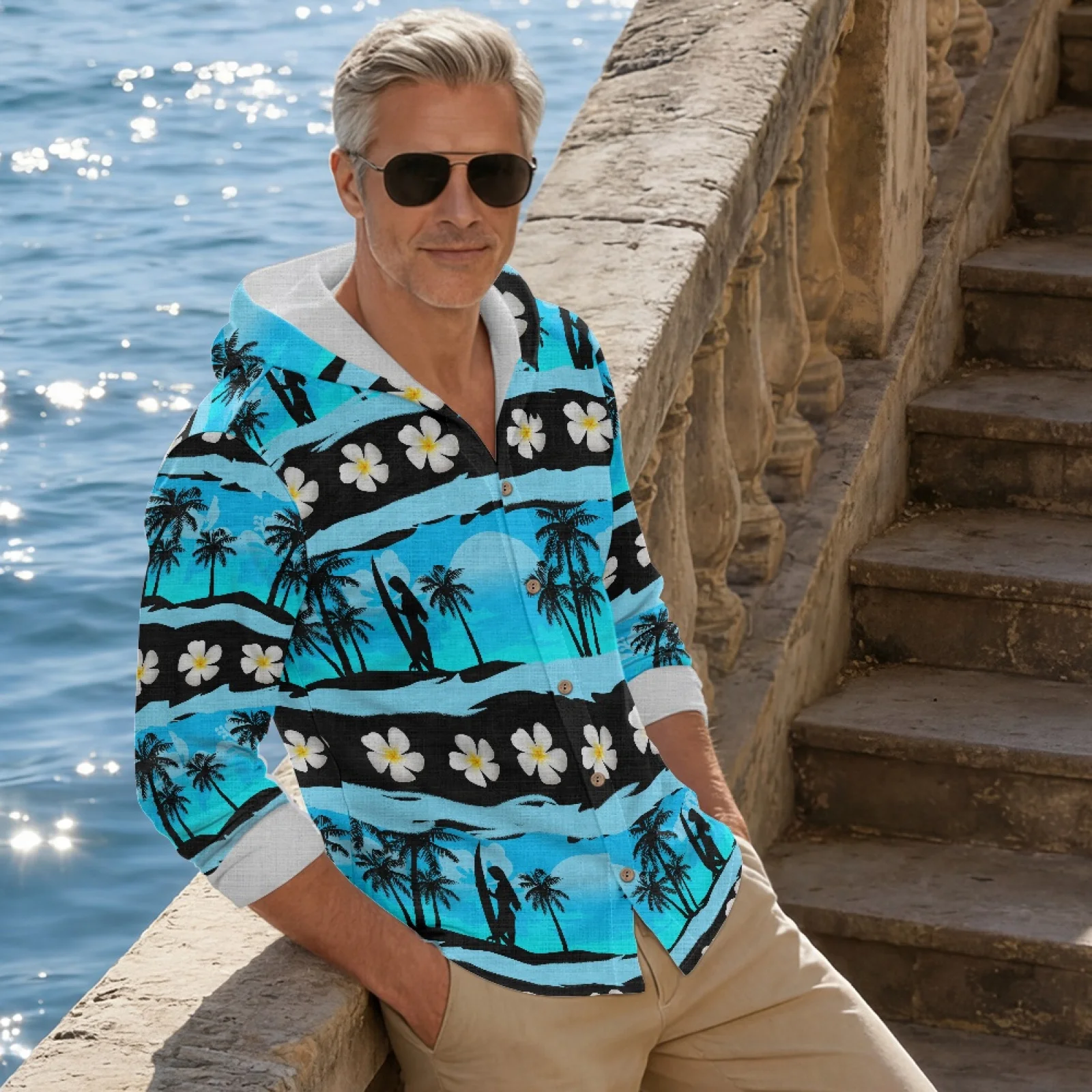 PENSTROLL Hawaiian Beach Print Linen Like Casual Tops with Hood for Hiking Button Up Hooded Tops Pullover Top