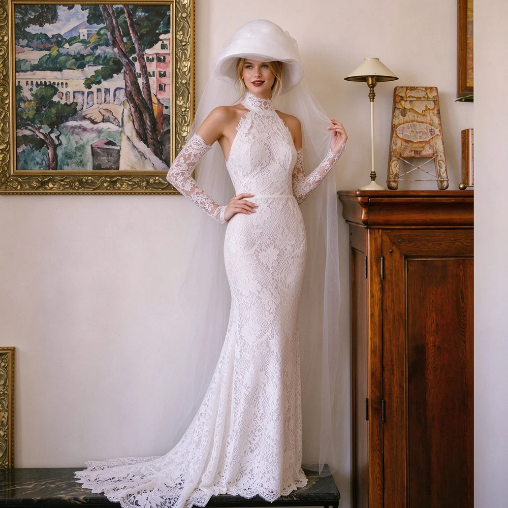 Long Sleeves Mermaid Round Halter Floral Lace Wedding Dress Customized Backless Elegant Godet Skirt Fitted Ivory Bridal Gowns
