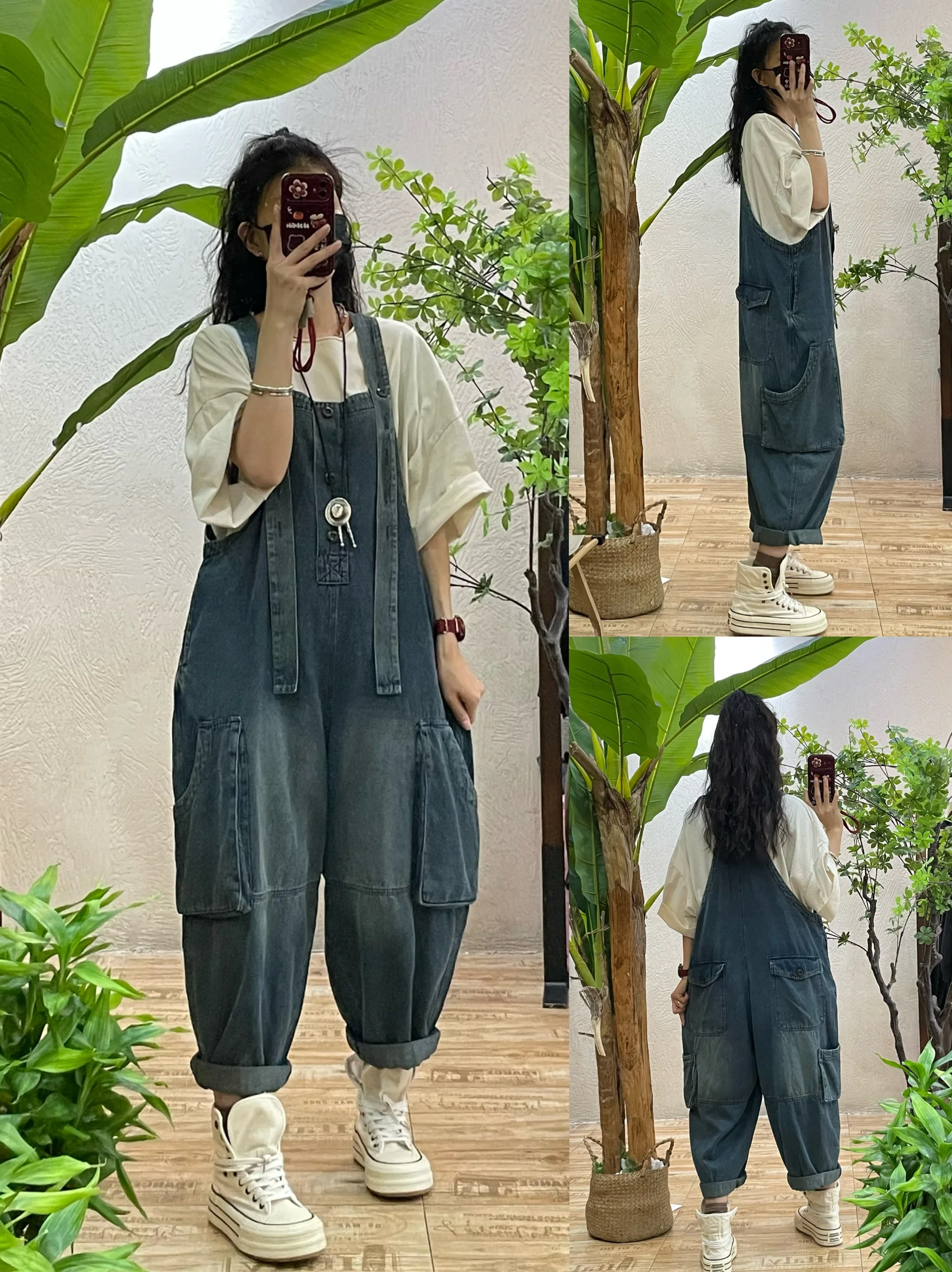 

Retro Distressed Denim Overalls Women's Loose Casual High Waist Nine-Piece Harlan Pants Trendy Summer New Style Korean Version