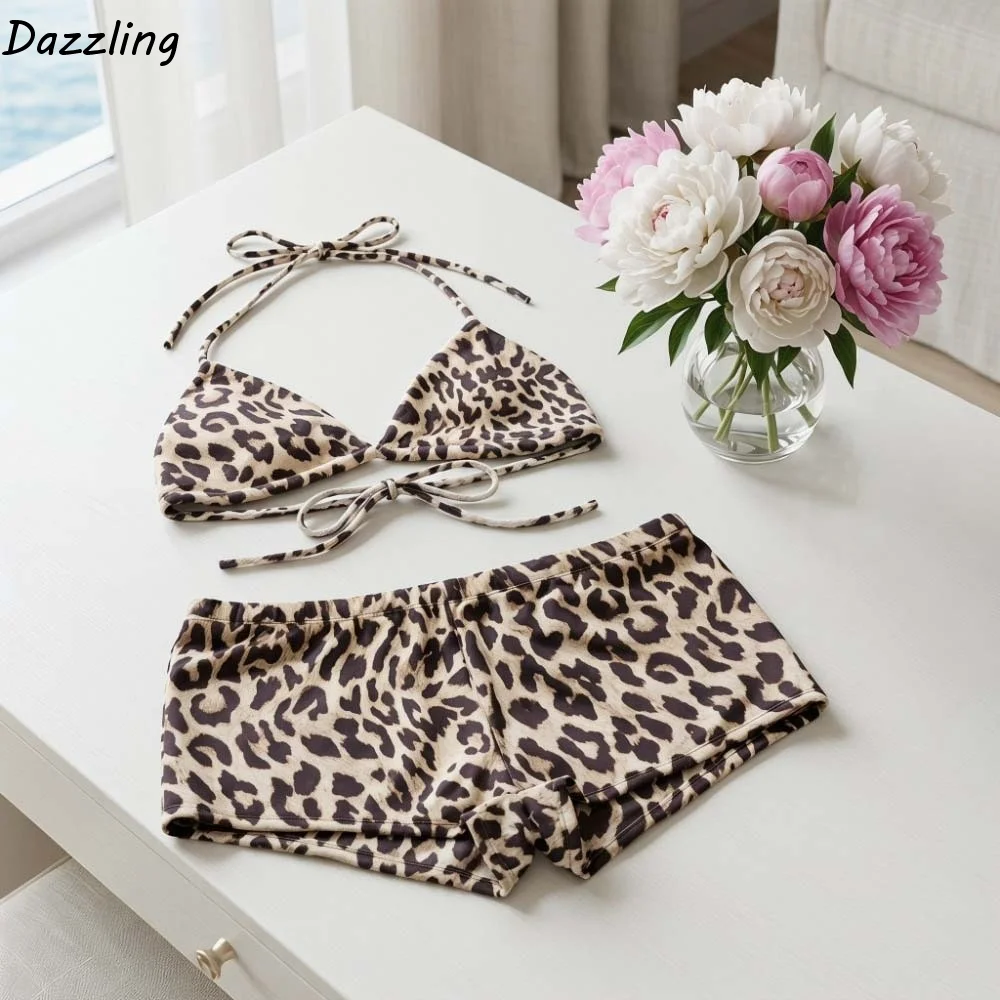 

Hanging Neck Bikini Short Sleeve Leopard Swimsuit Hollow Out Pullover Crochet Knit Bathing Suit Sun Protection Loose