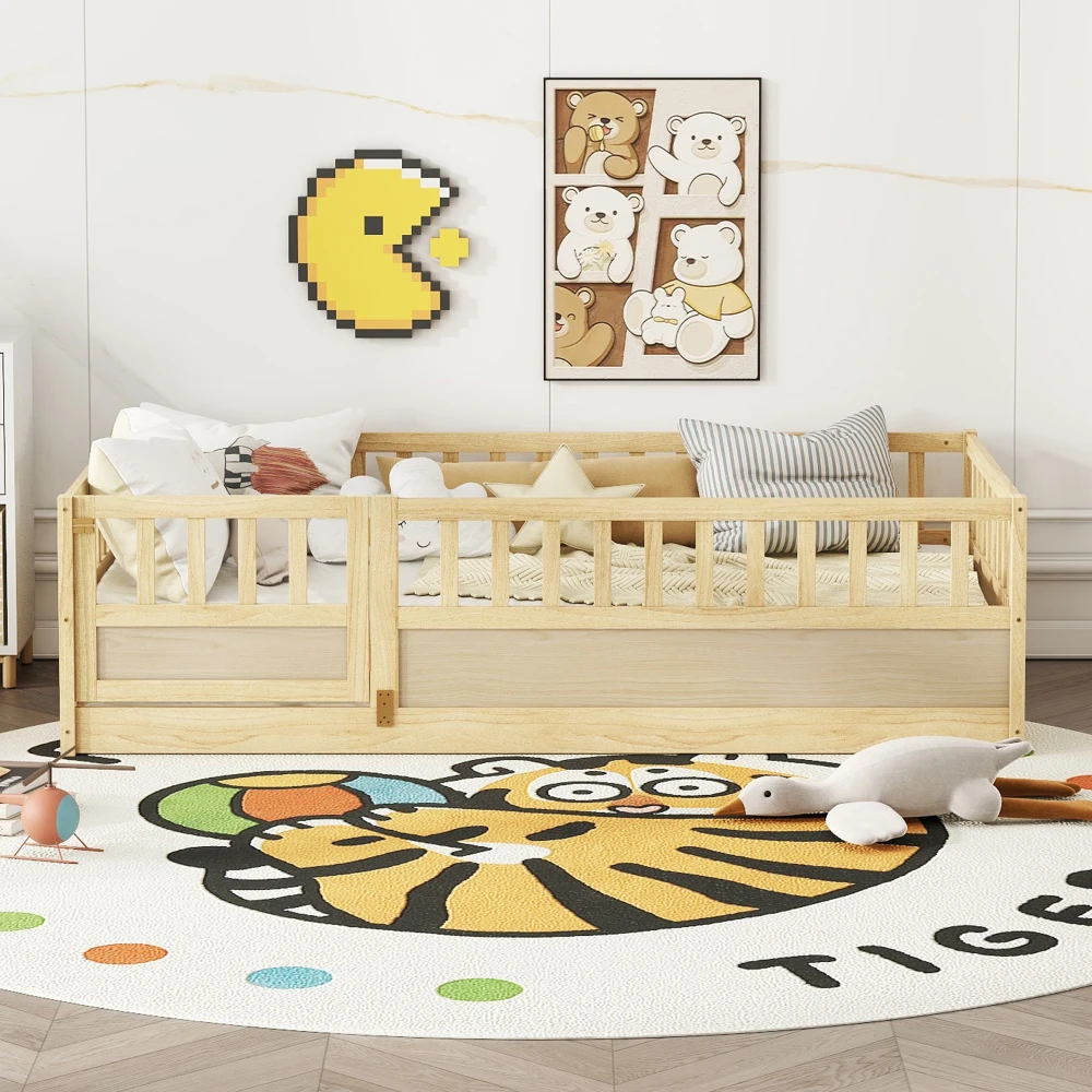 

Twin Size Montessori Wooden Floor Bed: High Security Barrier, Door, Support Slat & Natural Wood