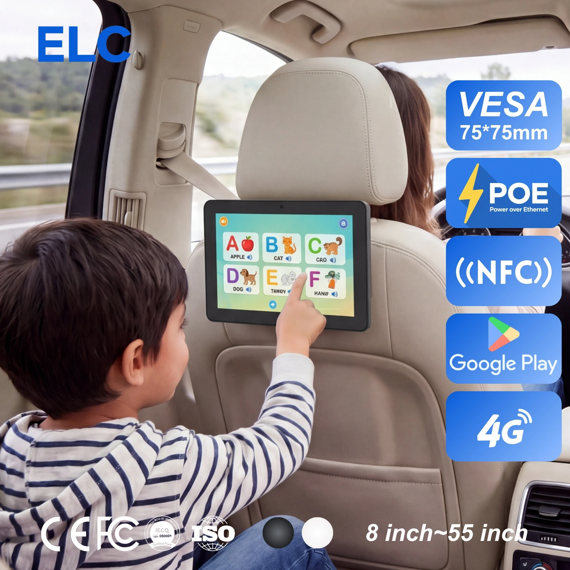 Car Headrest 10.1 Inch POE Android Digital Signage For Backseat Entertainment And Kids Learning With WiFi 4G TouchScreen RK3568