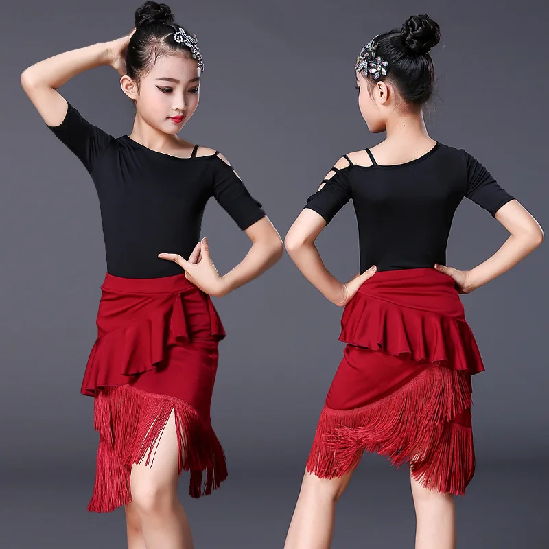 Girls Latin Dance Costumes Childrensummer Short Sleeves Tops And Tassel Skirt Practise Professional Dancing Stage Dancewear