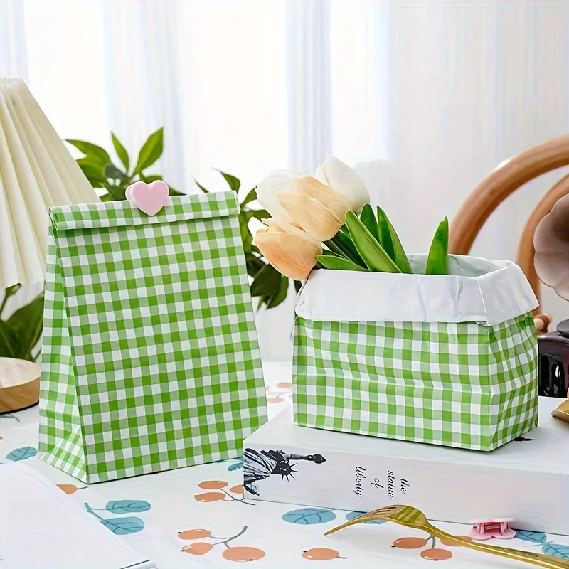Plaid Patterned Gift Bags with Stickers - 50 Piece Set, Paper Material, Assorted Colors, Perfect for Party Favors and Presents