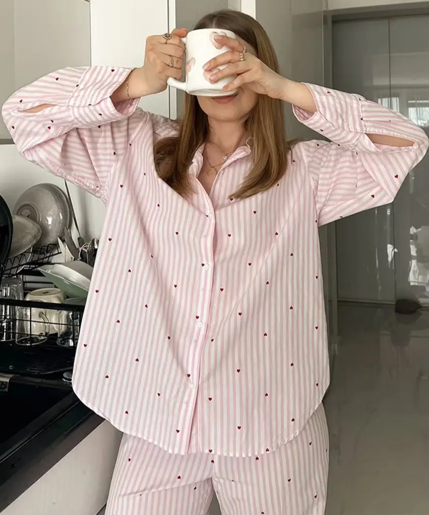 

WXOY WomenPink Striped Heart Print Pajama Leisure Set Long Sleeve Button Up Shirt Pants Sleepwear Two Piece Lounge Nightwear