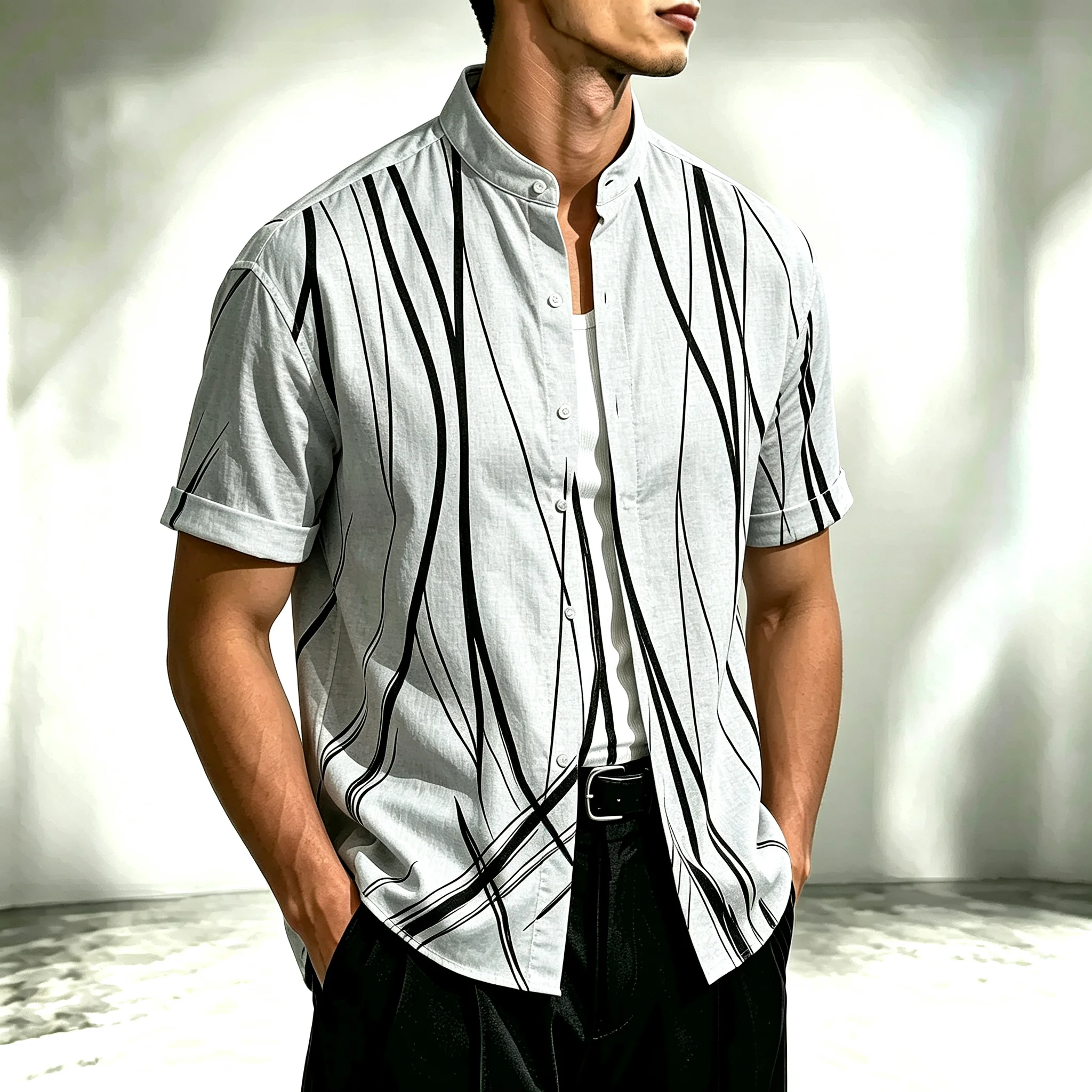 Men's Black Short-Sleeve Shirt with Stand Collar and Curved Stripes-Artistic Print-Trendy Urban Casual Top