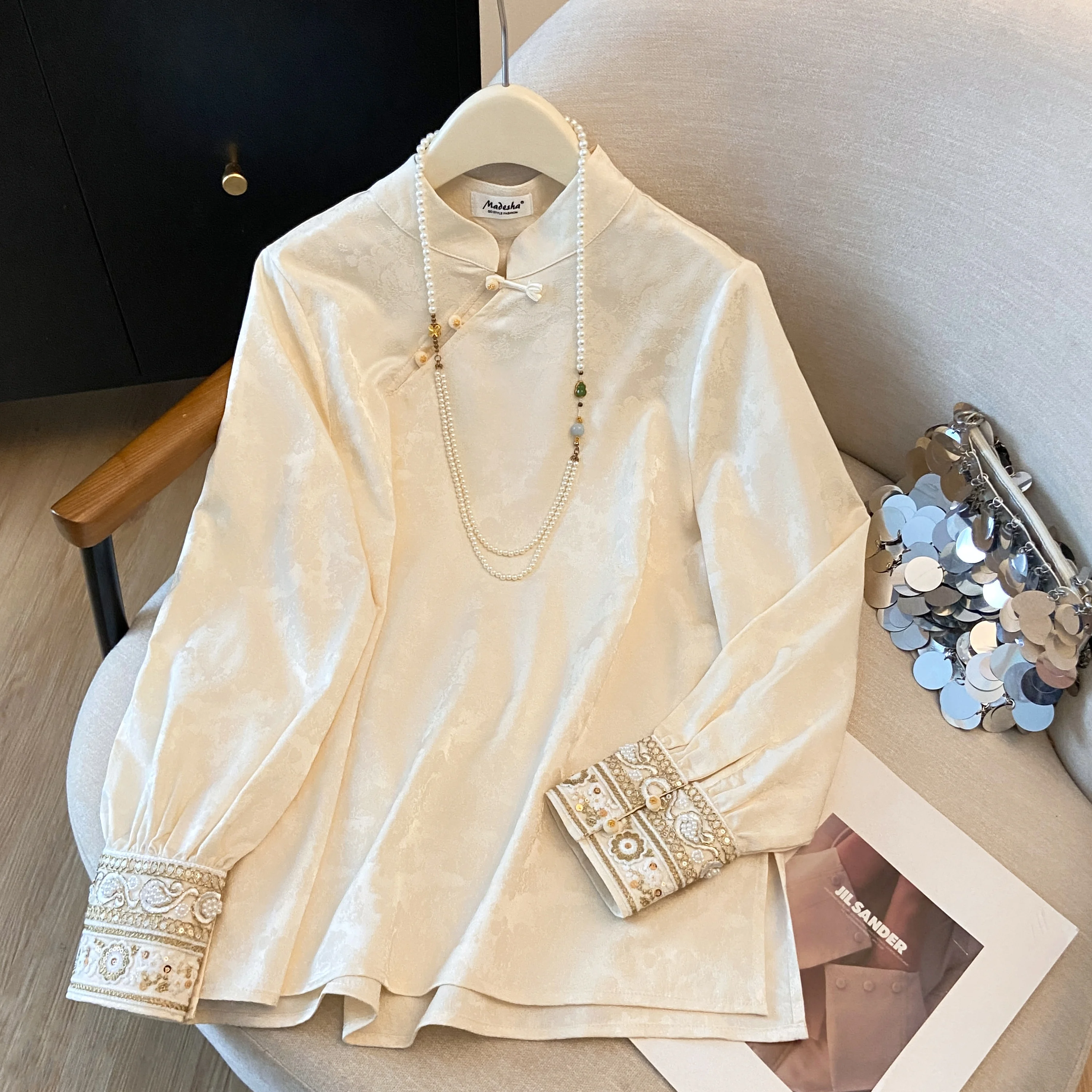 

Ele Chinese Sle Satin Embroidered irt 2026 New Spring Loose Fit Long Sve Women's Faion Poly Fiber Resistant to D...