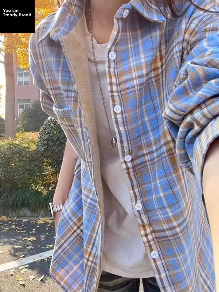 

Men's Plaid Long Sve Fce Lined Thiened Warm irt Vintage Collar Outerwear for Autumn Winter Casual Street Sle