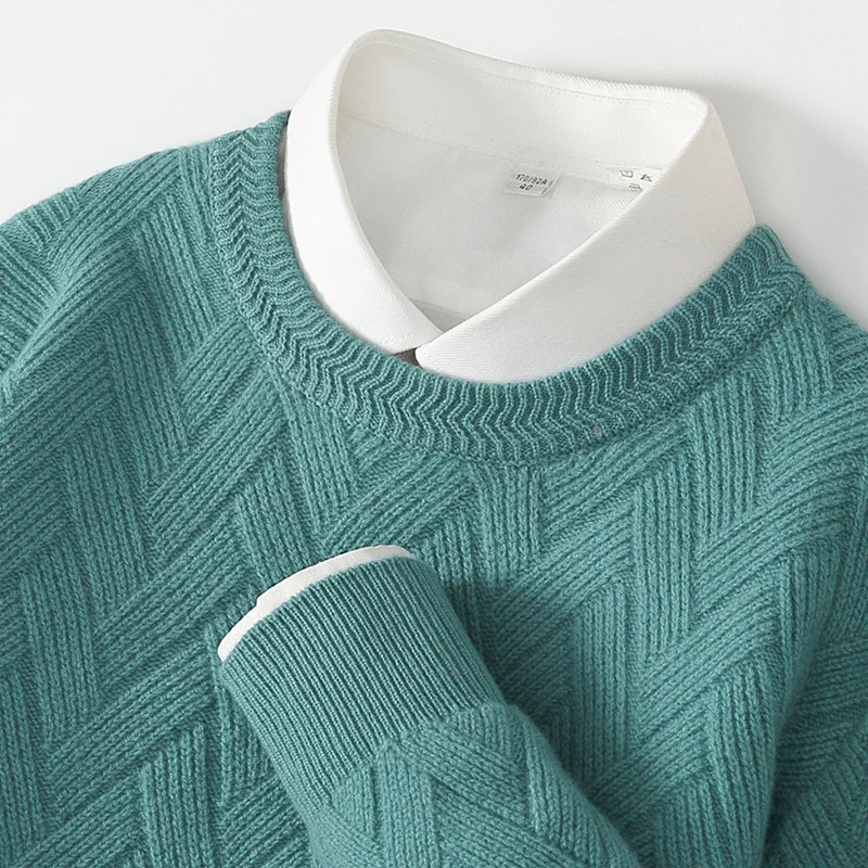 Men's autumn and winter thick warm knitted wool sweater casual loose basic shirt round neck long sleeved wool content 100%