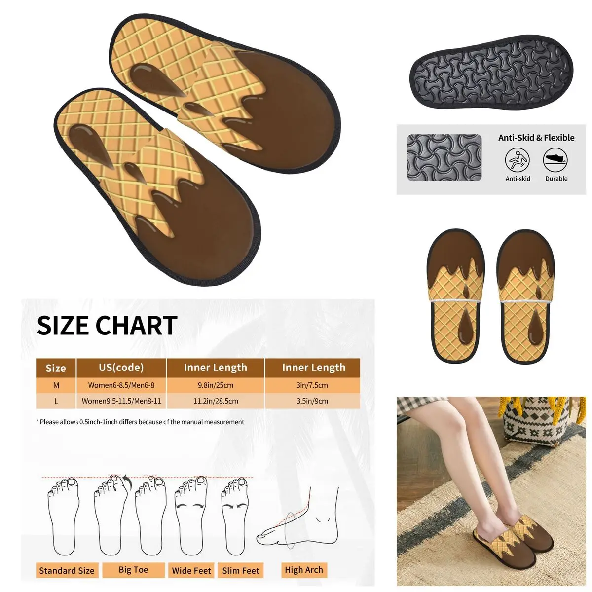 3D printing Men Women Furry Indoor slippers,Nutty Chocolate Ice Cream Waffle 5 nice-looking special Anti-skid Slippers