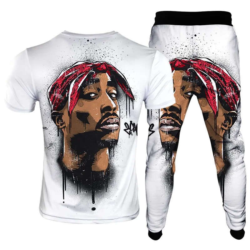 Tupac 2pac Hip Hop Music Rock Singer Kiss Band 3D Printing Tracksuit T-Shirt Pants 2Pcs Set Clothing Summer Male Oversized S-6XL