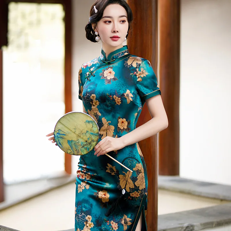 High-End High Quality Real Silk Cheongsam Qipao 2024 New Women's Improved Retro Chinese Style Dress Long