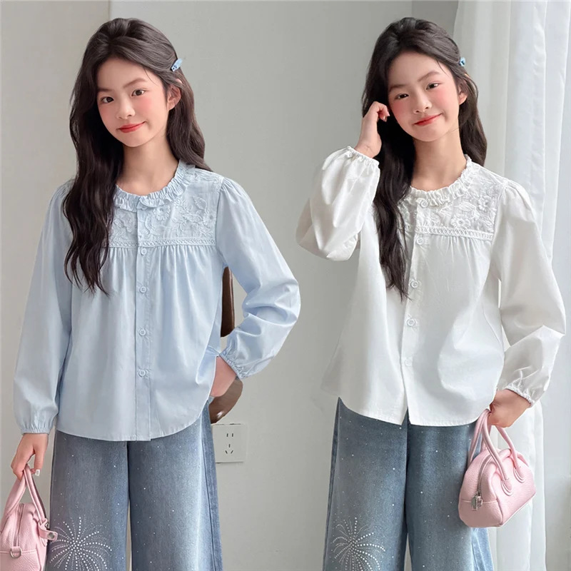 Korean Style Children Long Sleeve Blouses with Lace and Flowers for Tween Girls Elegant Spring Autumn Clothing Female Kids Shirt
