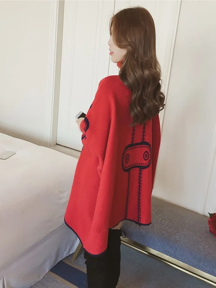 Rouge chauve-souris Sve col haut pull tricoté femme ample longueur moyenne manteau tricoté automne hiver nouveau Sle rétro Faion