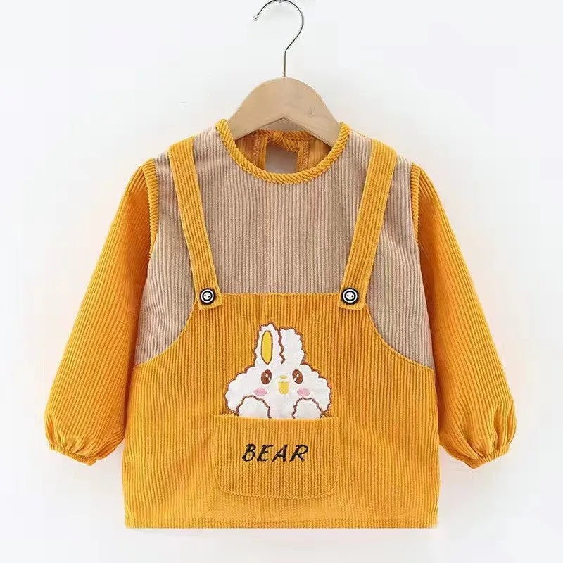 Baby Long Sleeved Bibs Children Toddler Bibs Art Crafts Corduroy Mealtime Protection Washable Easy Clean Smock for Kid